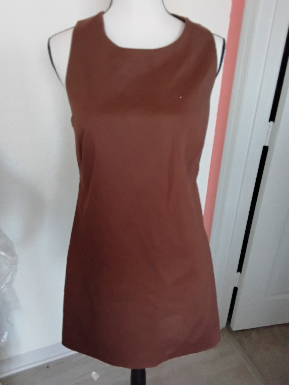 1. State Backless Sleeveless Shift Dress in Brown